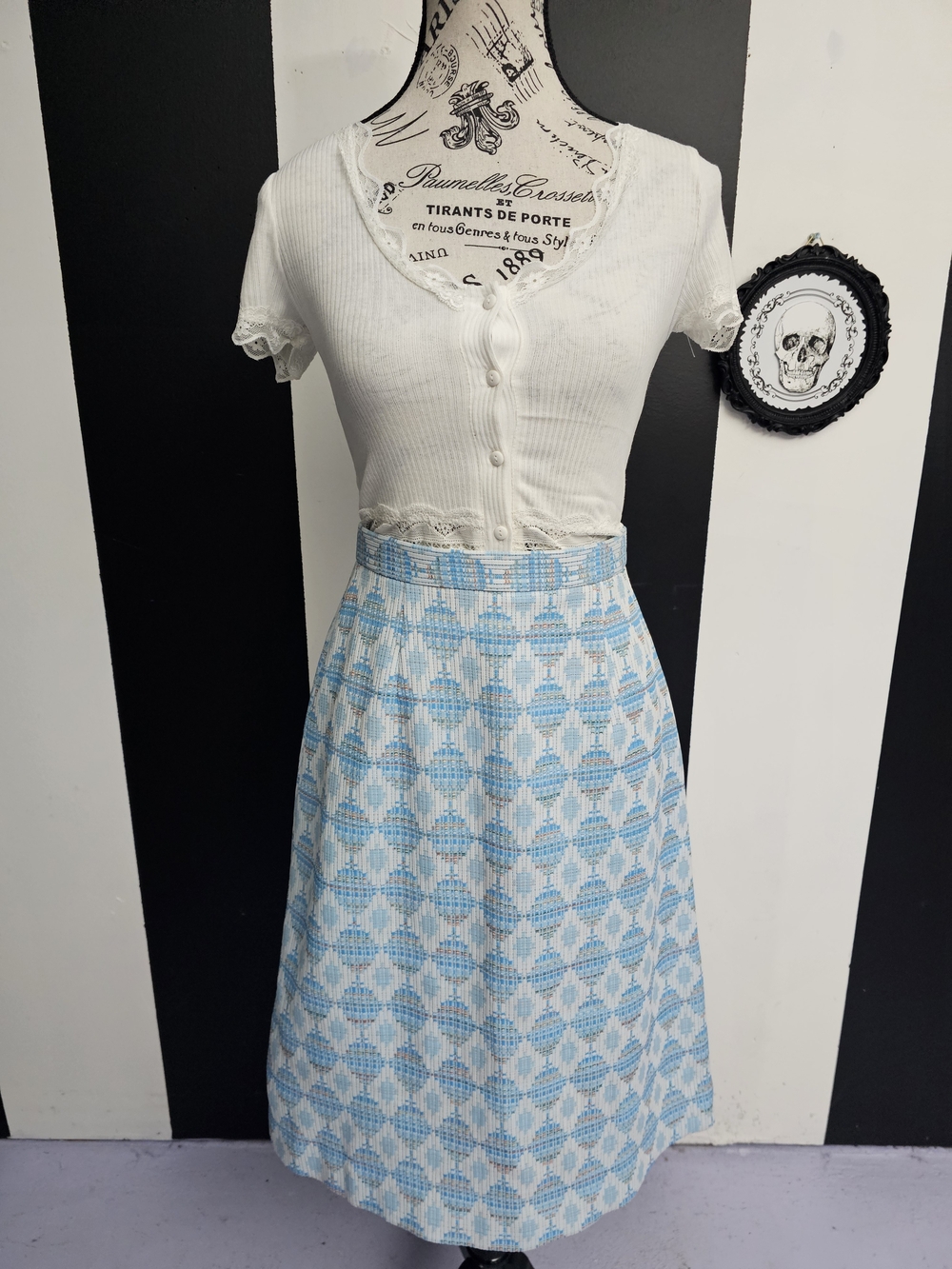 Vintage Light Blue and White Geometric Midi Skirt